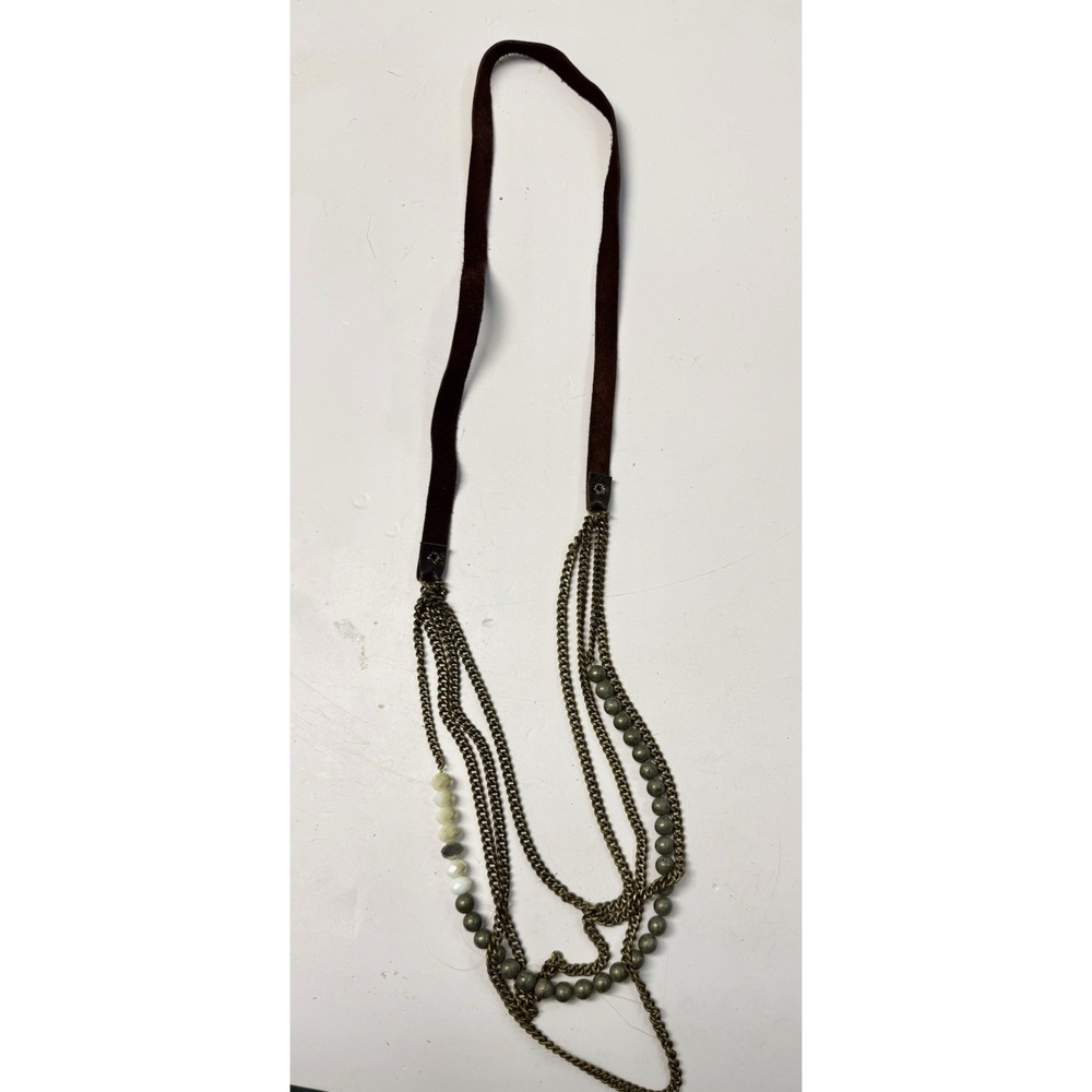 Boho Multi Strand Antiqued Brass Chain Gray Bead Leather Statement Necklace